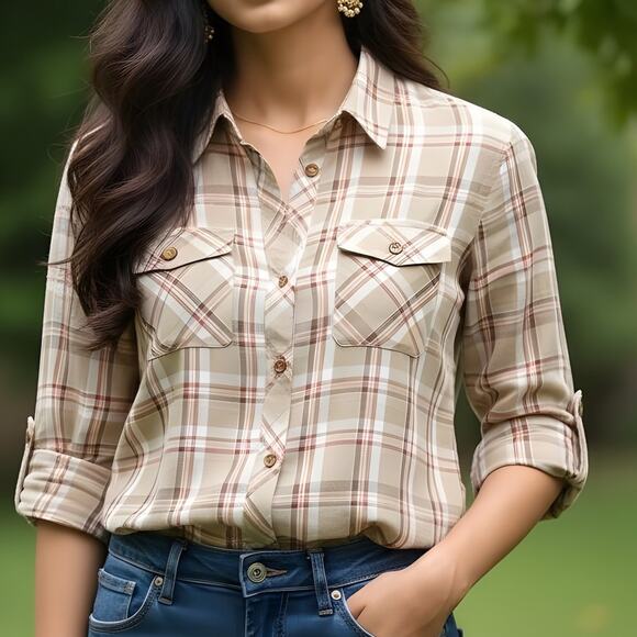 Ralph Lauren Tops - LAUREN RALPH LAUREN Women's Vextus Cotton Plaid Button Down Shirt Size Medium